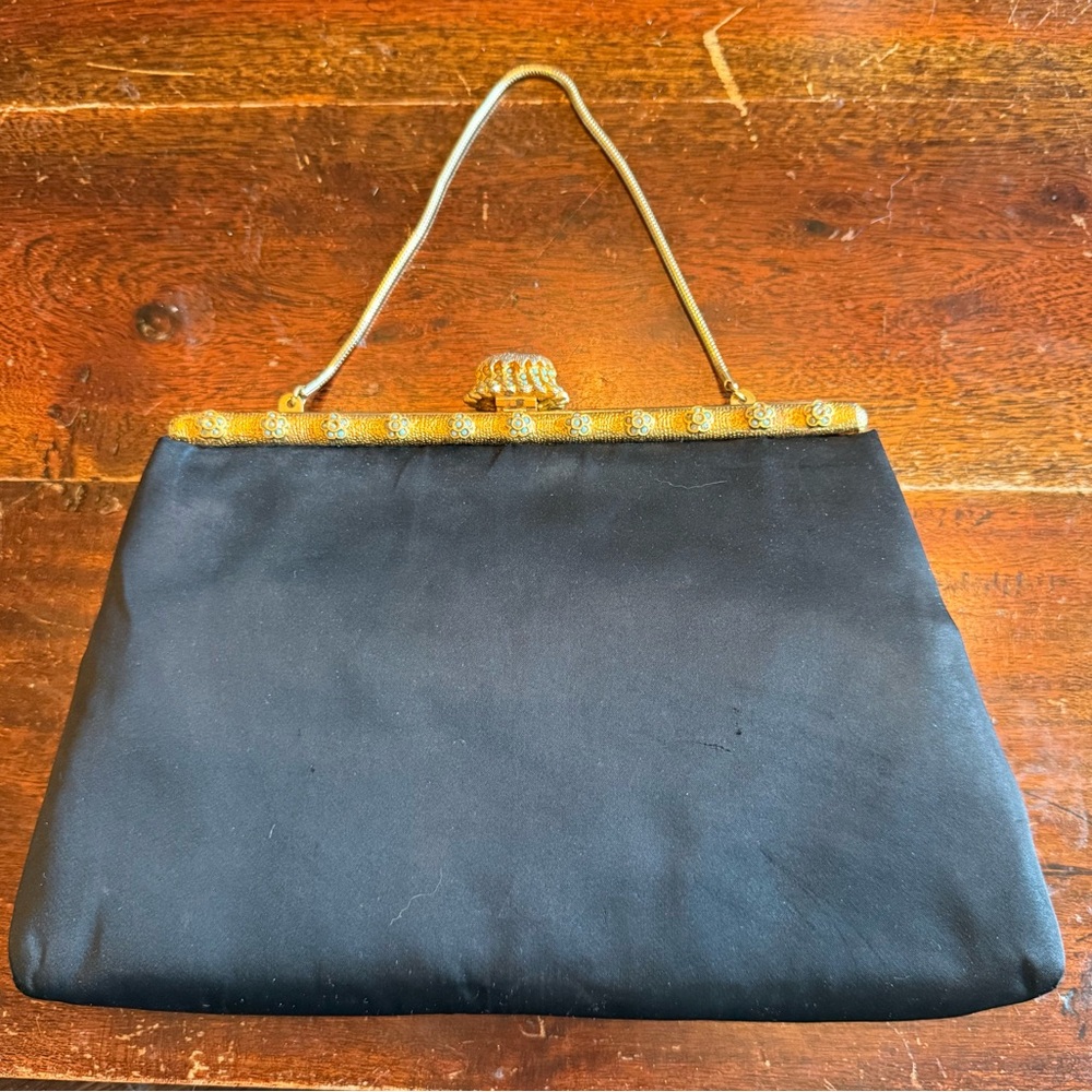 Vintage 1950s Black Satin Evening Purse with Ornate Gold Enamel Frame - Picture 8 of 8